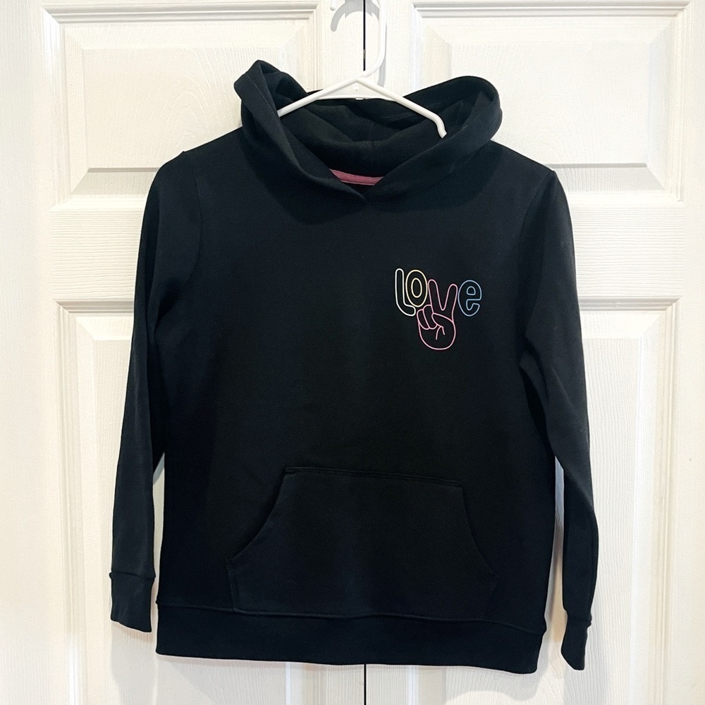 Cat & Jack Girls L(10-12) Black Fleece Pullover Hoodie Sweatshirt "Peace" - Picture 8 of 11
